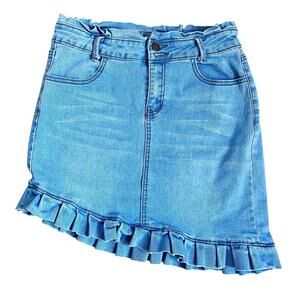 Nina Rossi Light Wash Asymmetrical Ruffle Denim Jean Skirt Retro Look Sz L